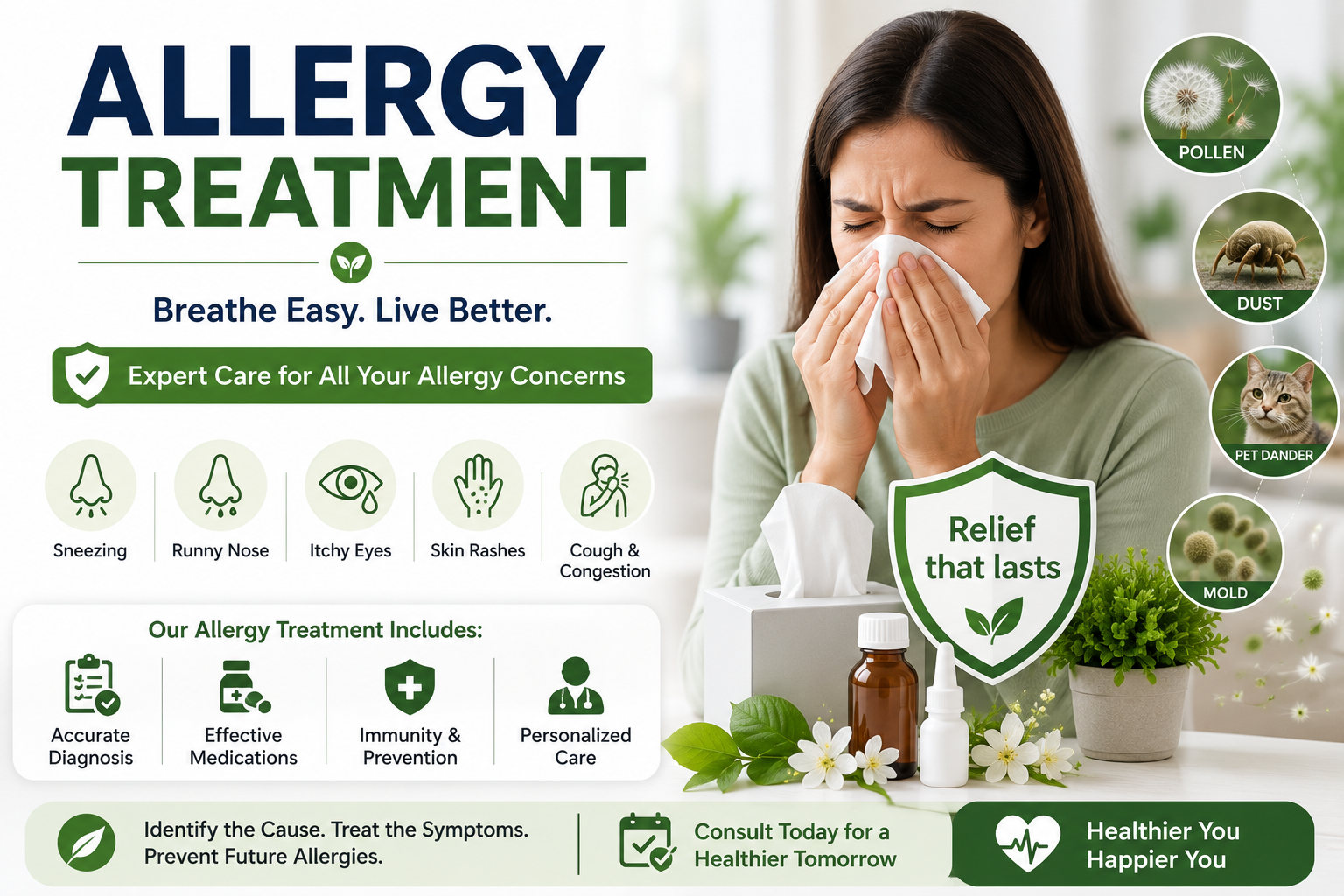 Allergy Treatment illustration showing a woman with allergy symptoms, including sneezing, runny nose, itchy eyes, skin rashes, and cough caused by pollen, dust, pet dander, and mold.