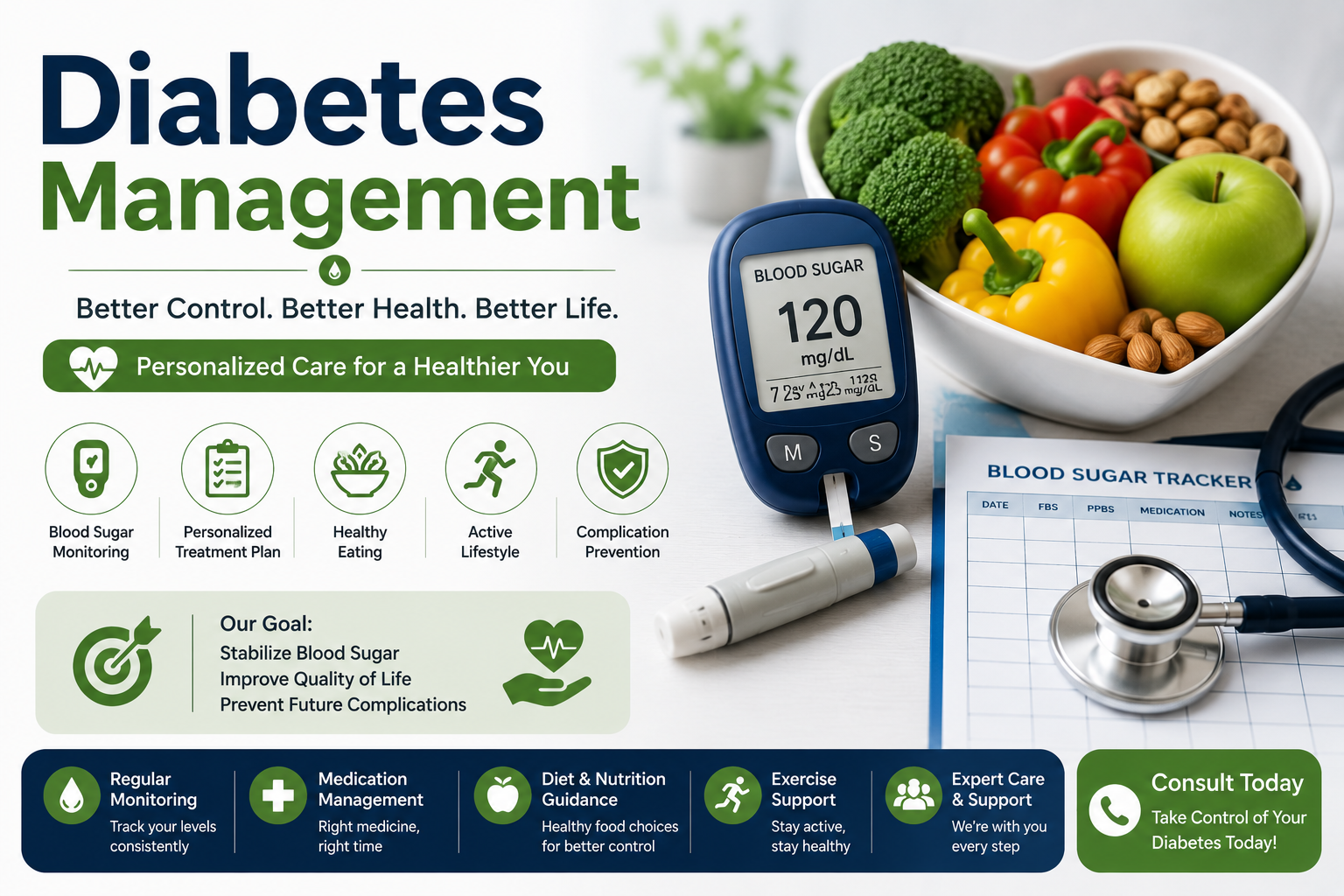 Diabetes Management infographic showing blood sugar monitoring, healthy diet, personalized treatment, and lifestyle guidance for better diabetes control.