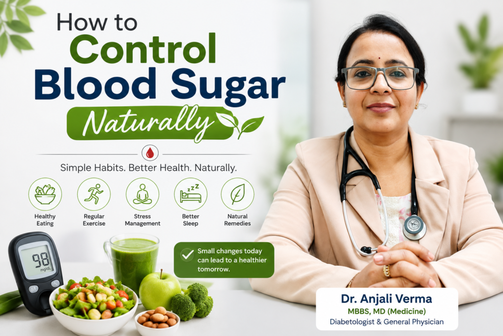 Blog banner on how to control blood sugar naturally featuring Dr. Anjali Verma with healthy foods, exercise, stress management, and natural diabetes care tips.