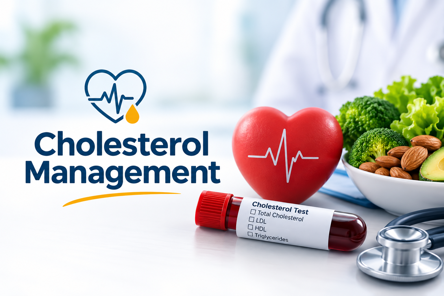 Cholesterol Management infographic showing heart health, cholesterol testing, healthy foods, and preventive cardiovascular care.