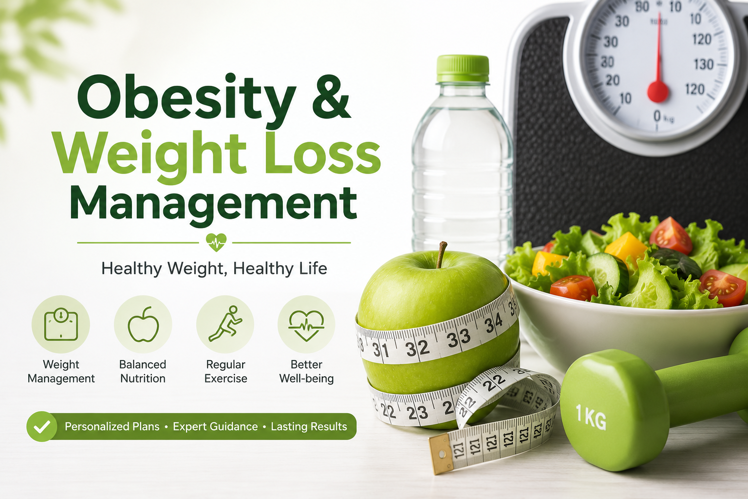 Obesity and Weight Loss Management infographic featuring healthy nutrition, exercise, weight management, and personalized wellness guidance.