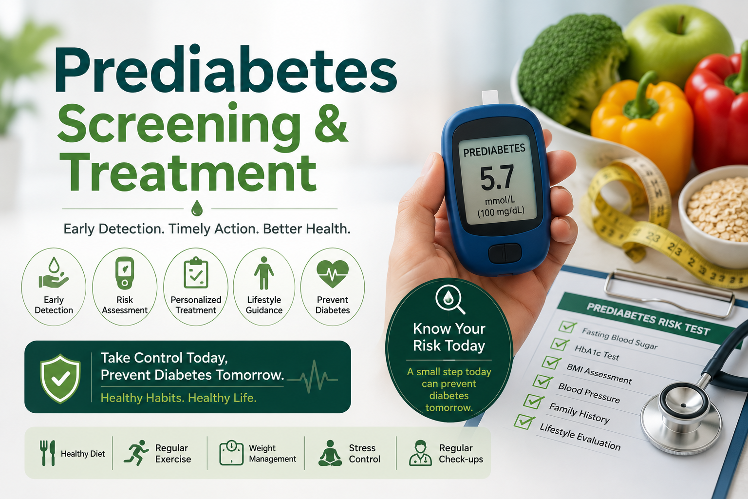 Prediabetes Screening & Treatment illustration showing a blood sugar monitor, healthy foods, and early diabetes risk assessment for preventing Type 2 Diabetes.