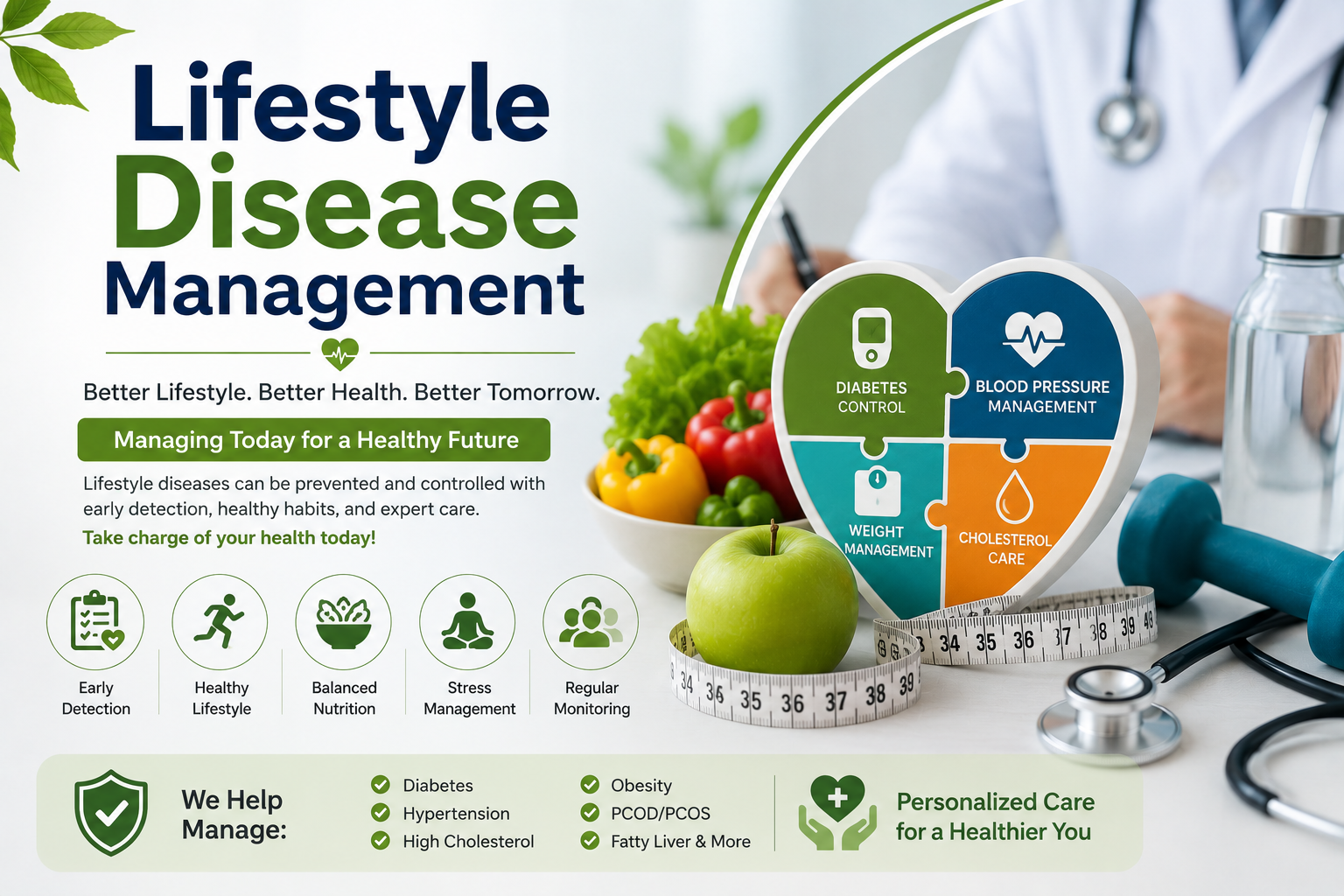 Lifestyle Disease Management infographic highlighting diabetes control, blood pressure management, weight management, cholesterol care, healthy lifestyle, and preventive healthcare.