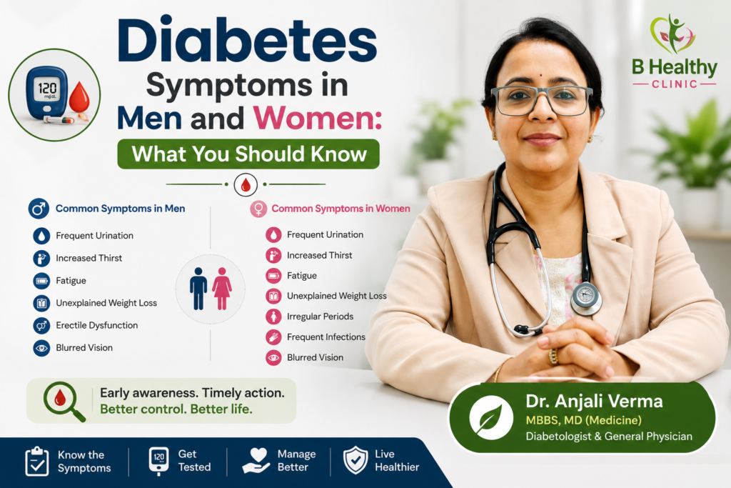 Diabetes symptoms in men and women infographic featuring Dr. Anjali Verma with common warning signs and early diabetes awareness.