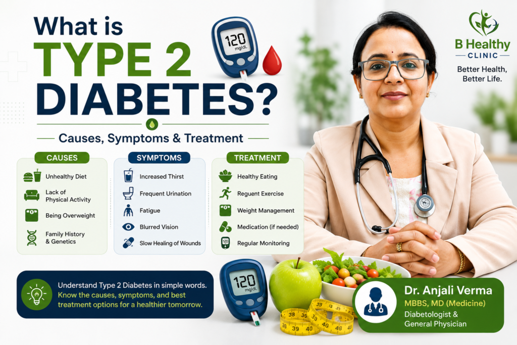 Educational infographic explaining Type 2 Diabetes, including its causes, symptoms, and treatment, featuring Dr. Anjali Verma and healthy lifestyle guidance.