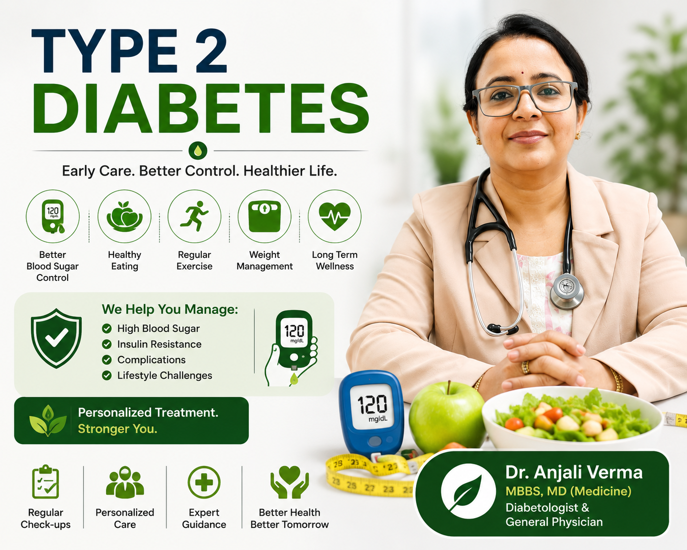 Type 2 Diabetes awareness poster featuring Dr. Anjali Verma with healthy lifestyle tips, blood sugar management, diet, exercise, and personalized diabetes care.