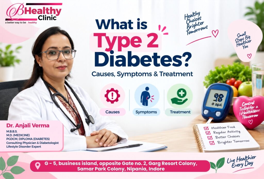 Dr. Anjali Verma explaining Type 2 Diabetes, including causes, symptoms and treatment in Indore