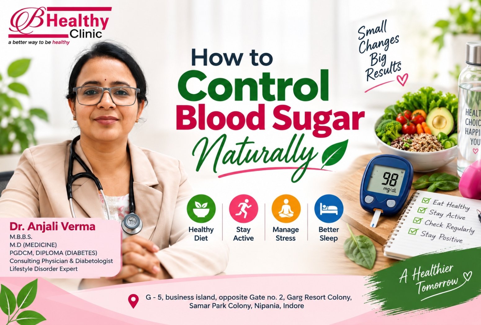 Dr. Anjali Verma explaining how to control blood sugar naturally through healthy diet, exercise, stress management and better sleep
