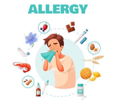 Illustration of a child experiencing allergy symptoms such as sneezing, surrounded by common allergy triggers including pollen, food, dust, seafood, and medicines.