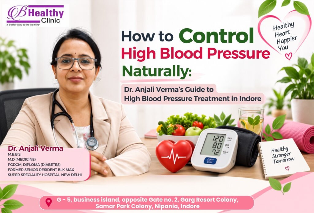 Healthcare banner featuring Dr. Anjali Verma, Consulting Physician and Diabetologist, with a blood pressure monitor, heart graphic, healthy foods, and lifestyle elements. The image highlights natural approaches to supporting blood pressure management and provides information about high blood pressure treatment in Indore.